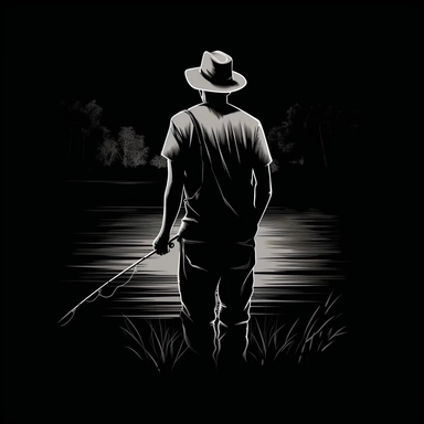 a man wearning fishing rod , Lake, Vintage style minimalist line art, doutone, Clip Art , T-shirt design, Black background