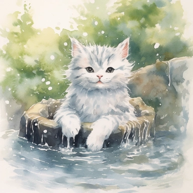 watercolor illustration, kitten smiling with an open mouth and with a towel over the head and enjoying a hot spring, surrounded by gentle steam rising from the onsen water, feeling the pleasant sensation. Small bubbles dance through its fur, creating a mysterious yet beautiful sight. The cat stretches out, gradually unwinding, as the warmth of the onsen melts away the tension in its muscles. It gracefully savors the serene atmosphere and the gentle touch of nature, embracing the tranquility of t