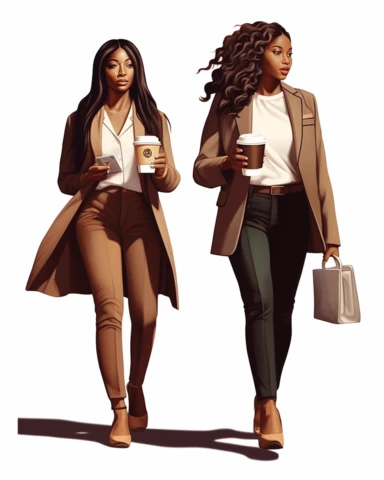 Extremely realistic digital illustration clipart, vector art of ultra beautiful African American women entrepreneurs with beautiful hair, dressed in business clothing of the year 2023, one carrying a briefcase, one carrying a laptop, one talking on a cellphone, one holding a cup of coffee, standing side by side on a white background in the style of gil elvgren