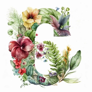 Watercolor botanical flower letter G, clipart, colorful, white background