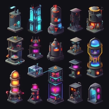 isometric, spritesheet, game assets, futuristic elevator sprites, isometric perspective, game sprite, sci-fi, cute, fun, creative, cartoon, clipart, hyper-detailed, black background