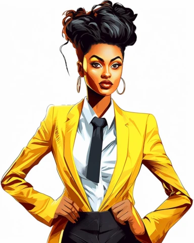 Extremely realistic digital illustration clipart, vector art of ultra beautiful African American women entrepreneur with beautiful black hair in messy bun, dressed in Yellow and white business suit of the year 2023, standing in the center of an office on a white background ad type clipart