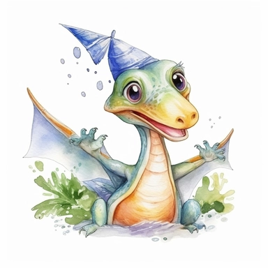 watercolored clipart with pterodactyl, funny and friendly, goofy, silly and playful dinosaur, colored, white background
