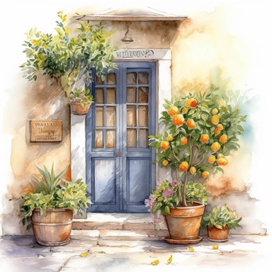 Create a beautiful watercolor clipart vignette of a rustic Mediterannean cobblestone courtyard with a collection of flowering potted plants and potted lemon tree against a painted white rustic cottage door. The composition should be set against an isolated white background, with a bright and airy feel. Focus on capturing intricate details such as the delicate petals of the roses. Use a loose and fluid watercolor technique to create a sense of movement and lightness. Experiment with the use of ne