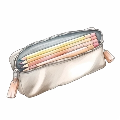 feminine watercolor line artwork clipart illustration of a school pencil case in neutral realistic colors, isolated on a white background, spaced out, 4k, hyper realistic