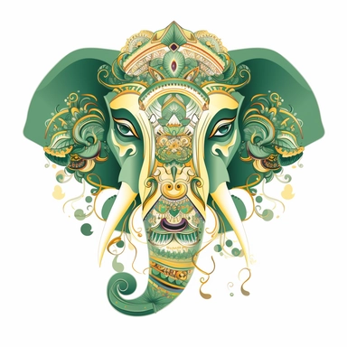 Flat illustration, Delicate embroidery depicts the head of traditional Chinese elephant head dance, with green and gold as the main colors, bright lighting, unimaginable details, a lot of negative white space, uhd, 16k,white background, clipart