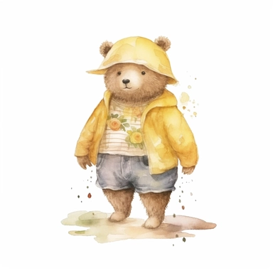 a Cute Happy Bear in clothing in the style of Watercolor Kate Greenaway Clipart, White Background