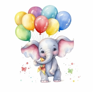 small and cute baby elephant holding colorful one party balloons with his trunk Clipart, highly detailed, watercolor, white background 8k, bright colours, one object at picture