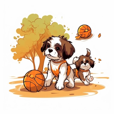 Draw a brown white shitzu puppy playing basketball in a sunny day with his friends, wearing vivid color clothes, in a spring morning, clipart white background, 32k