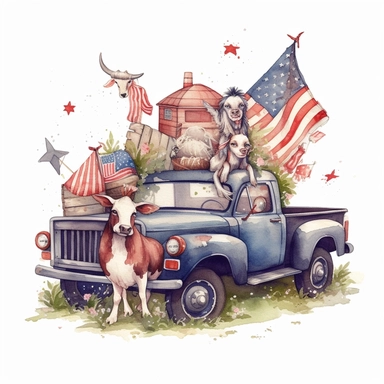 Cute Americana surrounded by farmers patriotic cute things, Include old retro Truck with flag , cow flag colored, rooster Americana colors , donkey with Americana head, pig, flags on a rope, barn Americana collor. American flag details painted on all subjects, boho stile watercolor clipart