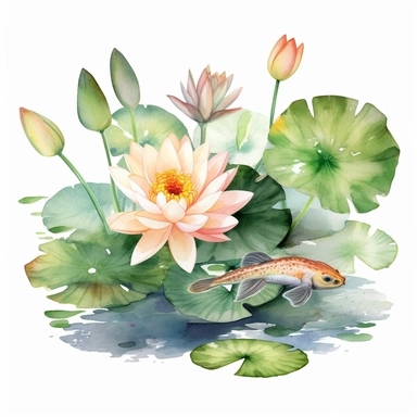 Watercolor Lily Pond Clipart, lily pad and frog pond, CLIPART, fish and birds