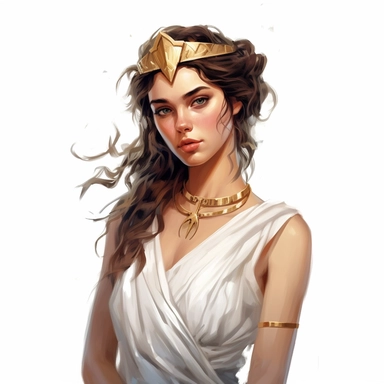 beautiful stunning pretty vintage greek goddess character, paint art style, clipart, white background, superrealistic, one of a kind
