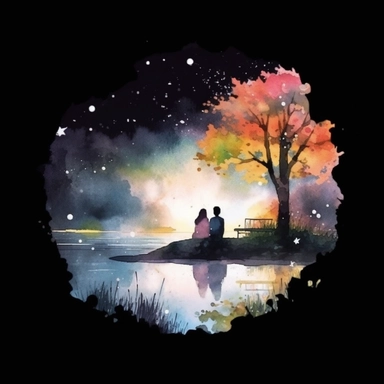 Watercolor, A couple by the river in bloom, night,clipart on black background