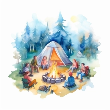 create a hand drawn watercolor clipart depicting campfires surrounded by tents, camping gear, and people enjoying the warmth of the fire, 4k