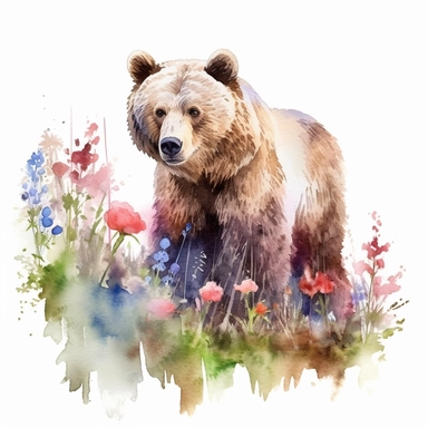 detailed watercolor clipart, photography style, beautiful bear, in a meadow, HDR, spring floral,self shadow, white background
