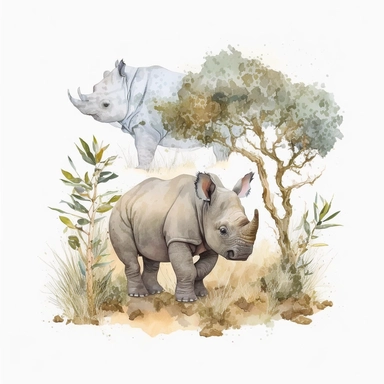 full body portrait of adorable cute tiny happy baby rhino running playing on safari rocks and trees in backround watercolor childrens Clipart white backround