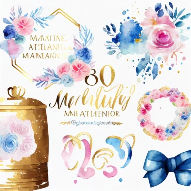 watercolor marriage anniversary clipart collection, white background, white, pink, blue and gold illustrations