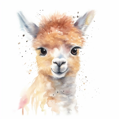 Close-up of a cute baby alpaca in watercolor, rendered in soft pastel colors on a white background. Clipart. The alpaca has an innocent and cheerful expression on its face. Its fluffy fur is painted with gentle strokes of the brush to give it a soft and warm appearance. Its large, round eyes and tiny ears give it a heart-melting look. The background is plain white to highlight the baby alpaca.
