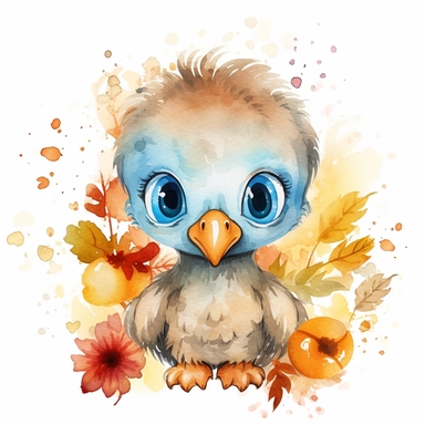 cute baby turkey clipart with big cute eyes painted in watercolour style, splashes, floral elements, white background