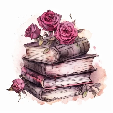 Gothic style books with watercolor effect, suitable for digital clipart, white background, gothic pink scene, gothic colors, gothic tools, gothic roses, dark scene, twinkles