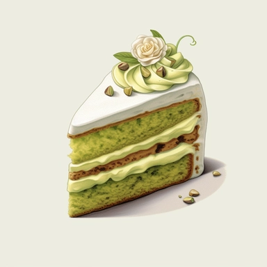 Pistachio cake clipart with vanilla bean frosting in a muted green color, ultra realistic, 4k,