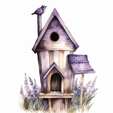 Clipart, lavenderaround wooden bird house, watercolor, whimsical, enchanting, nostalgic, minimalistic