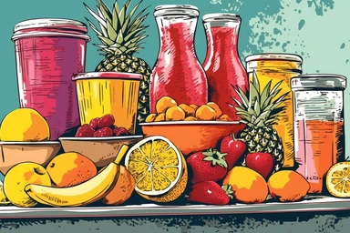 Clipart style, summer fruit smoothie stand, variety of fresh fruits like berries, bananas, peaches, blending into colorful smoothies, line art for clear forms, hatching for shading, stipples for texture in fruits and smoothies, summer vibrancy