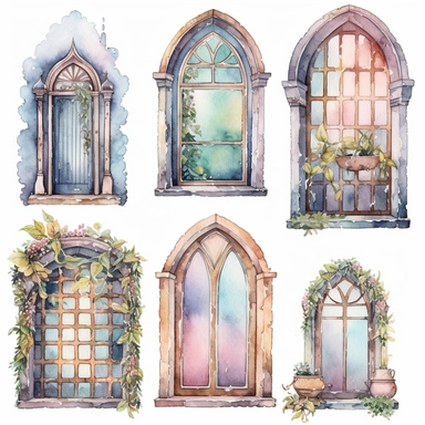 watercolor pastel fairytale windows clip art