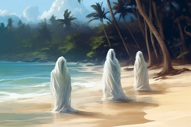 realistic clipart ghosts on the tropical beach, digital painting