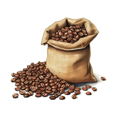 A burlap sack overflowing with rich coffee beans, with a scattering of beans (Watercolor clipart, white background, no text.)