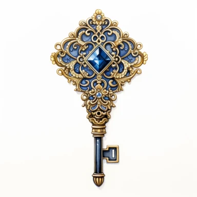 Watercolor intricate steampunk illustration of key with blue sapphire, clipart on white background, HQ, HD