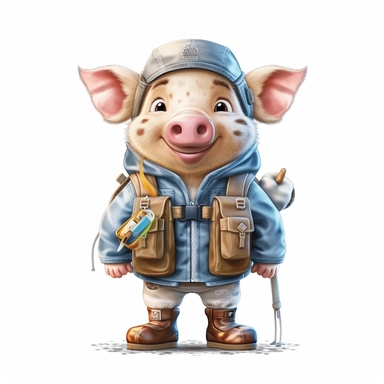 cute Pig character wearing camping clothes and camping gear with happy face,front facing on isolated background,with happy face and expression,Animal Sublimation Clipart,no splash watercolor,white background, ultra detailed clipart, cut out image, colorful watercolor realistic, cartoon style, ultra HD, sharp and clean art
