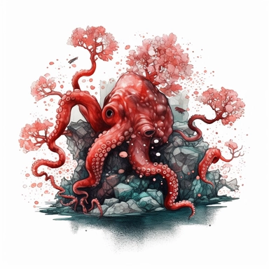 ruby illustration of a double exposure octopus & coral reef drawn with stones, clipart