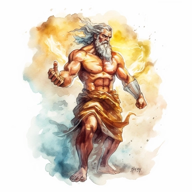 A watercolor clipart of mighty Zeus, portrayed in a dynamic and powerful stance, wielding a lightning bolt in one hand and a thundercloud in the other, emanating a sense of divine strength and authority