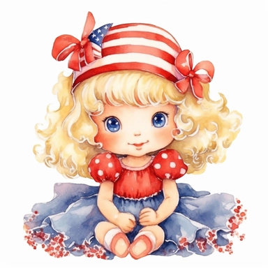 watercolor illustration, cute 1st of July clipart, high resolution, detailed doodle, white background, detailed clipart USA