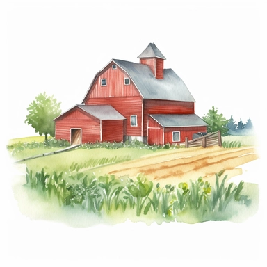 A watercolor painting of a farmhouse with a red barn and fields of crops, Watercolor clipart, isolated on white background