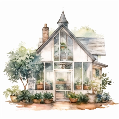 Watercolor cottagecore greenhouse clipart, white background