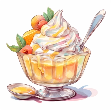 a drawing of a dessert featuring candy and whipped cream, icecream sundae, mango, orange, glass bowl, in the style of pastel toned, shiny/glossy, fantasy realism, caffenol developing, warmcore, #screenshotsaturday, rubens, white background, isolated, free brushstrokes, watercolor illustration, clipart,