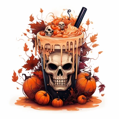 latte macchiato halloween themed, highly detailed color ink illustration, autumn season details, white background clipart 8k