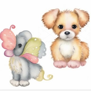 2 cute whimsical puppy cliparts, dogs, Canis lupus, realistic, photorealistic, anatomically accurate, lifelike, doodled by a child, folk art, watercolor texture, soft brush strokes, clipart on white background, high resolution, free margins