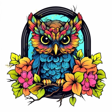 colorful, An baby owl with big eyes perched on a tree branch with flowers and leaves, behind a vintage-style window, vector t-shirt, clipart, black color line,