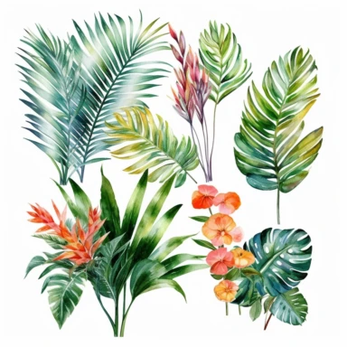 jungle plants, watercolor clipart, detailed, beautiful, bright pastel colors, isolated white, background, 8K