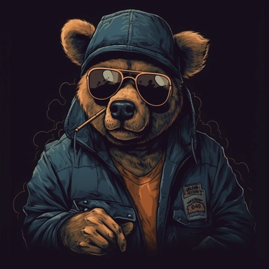 An aesthetic clipart of a teddy bear smoking a cigar, wearing a leather jacket and sunglasses, in the style of happycore, furaffinity, conrad roset, ub iwerks, eddie jones, logo, sharp/prickly, pop art, noir, propaganda, minimalist, photorealism, cyberpunk