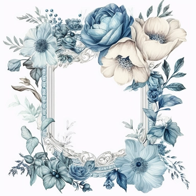 Watercolour clipart of a flower thin rectangle frame in the middle, white and blue victorian theme , wedding theme, high quality of details, white background