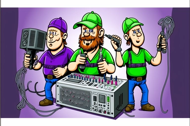 christmas party, clipart of sound engineers, xmas decorations, icicles, xlr cables, beer clip art, green and purple color scheme, flat vector illustration, 2000s illustration style, caricature ,