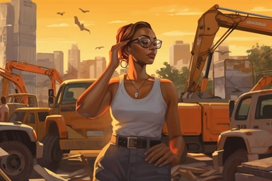 Subject: A determined woman, named Alex, is depicted engaging in a traditionally male-dominated profession as a construction site manager. Setting: The image portrays an active construction site with various heavy machinery, scaffolding, and unfinished structures. The scene is outdoors, with a partially completed building in the background, suggesting ongoing construction activities. The location can be a bustling urban environment, reflecting the dynamic nature of the job. Lighting: The image i
