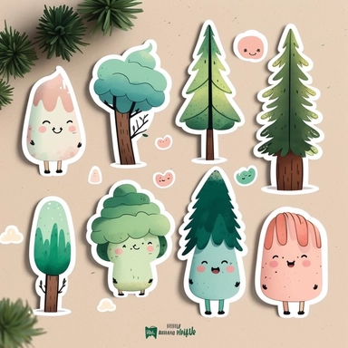 cute firs sticker set, sticker pack, sticker sheet, character sheet, multiple stickers, Watercolor Clipart, chibi, simple, minimal art, hand-drawn, vector art, adorable, lovely, whimsical, cute and quirky, watercolor effect, bokeh, low-poly, retro aesthetic, 4K resolution, photorealistic rendering, using Cinema 4D
