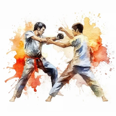 Jeet Kune Do fight, Karate, highly detailed, watercolor, clipart, illustration, white background, digital painting, paper crafting, no signature, no text
