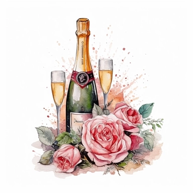 Champagne and Roses, Wedding Clipart, black outline, on a white background, extremely detailed, illustration, digital art, Watercolor