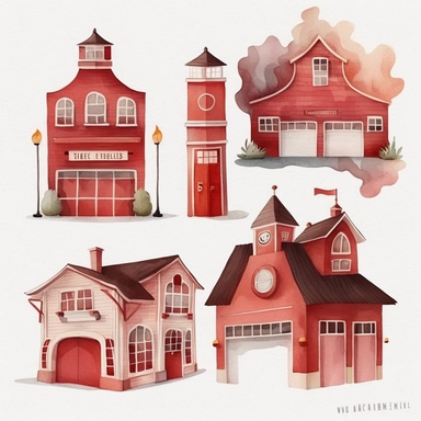watercolor clipart of a cute red fire station , different lateral standing poses, cute cartoon building, pastel